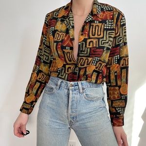 Button Up Shirt Vintage Collared Funky Tribal Printed Black Multi-Color Pattern